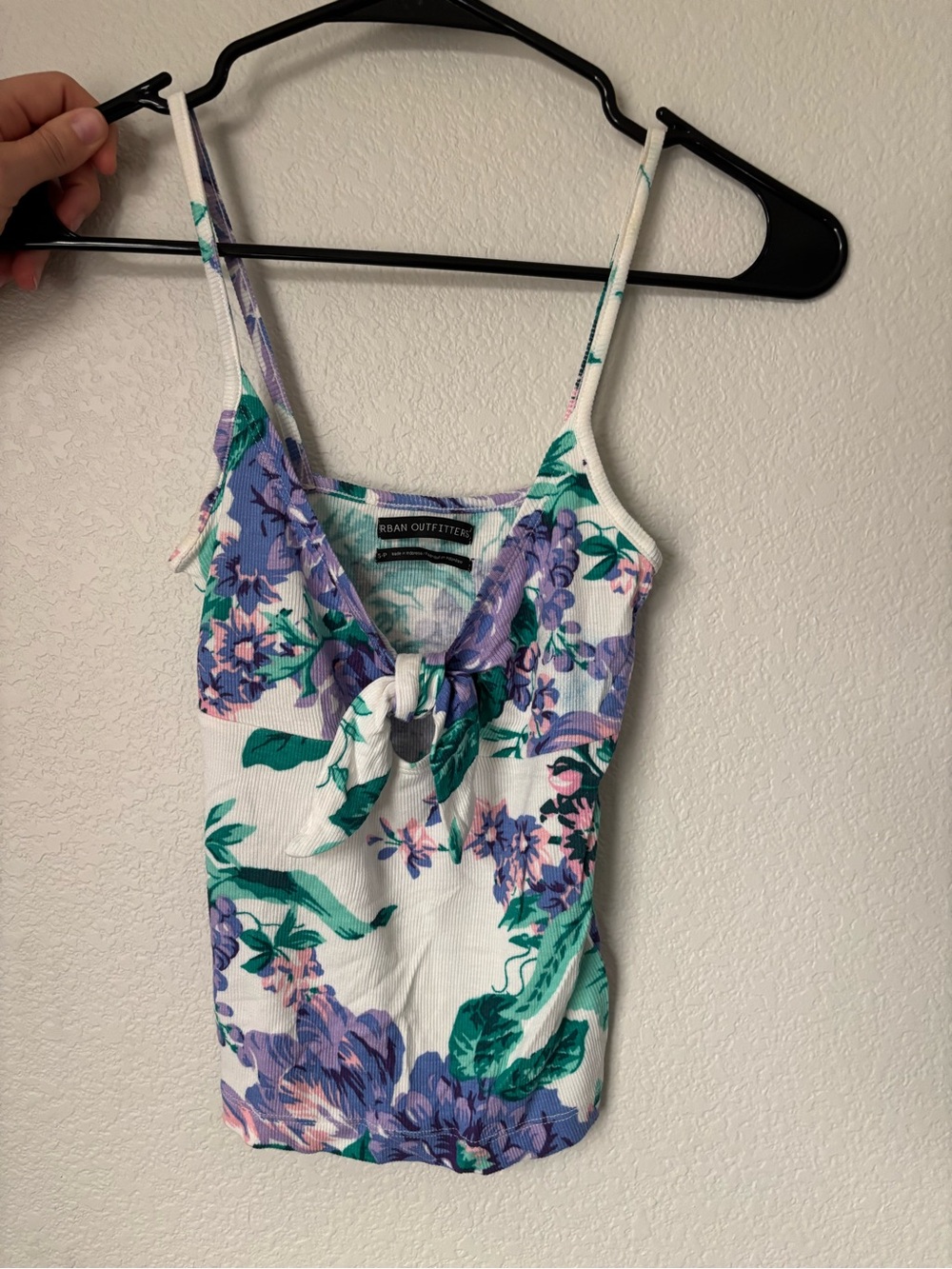 Urban Outfitters White Floral Tie-Front Camisole with Purple and Green Print